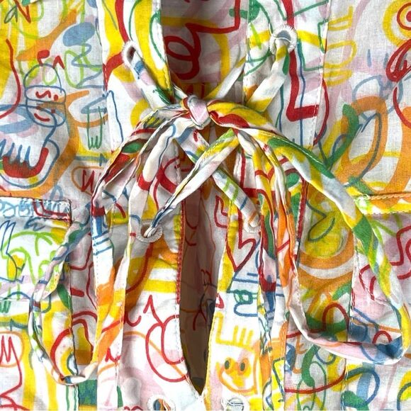 Tizzie Multicolor Abstract Graffiti Art Print 3/4 Sleeve Tie Neck Top Size Small - Picture 3 of 6